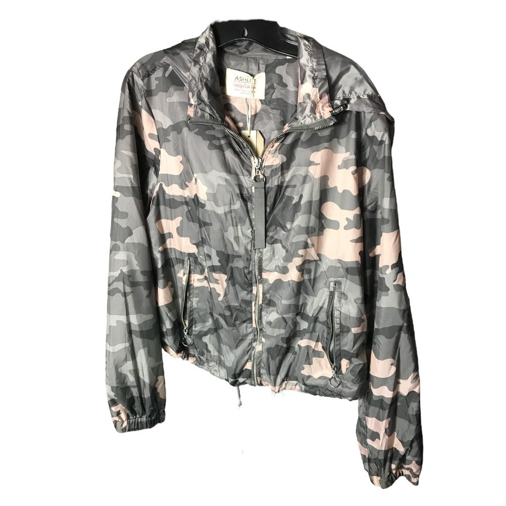 Ashely Gray Pink Camo Long Sleeve Lightweight Zipper Front Women's Jacket